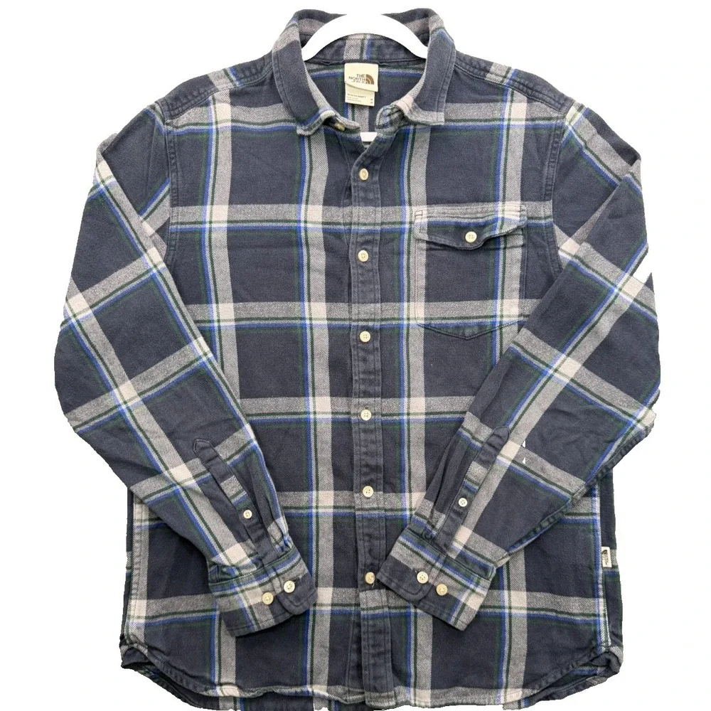 The North Face Plaid Flannel Button Down Shirt Navy Blue Granola Gorpcore Mens M